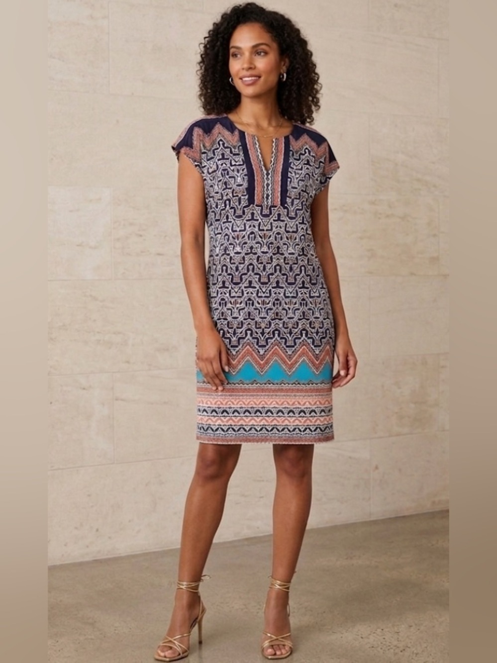 Laundry by Shelli Segal Geometric Shift Dress V-Neck Boho Tile Print size Small